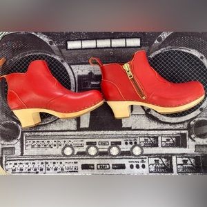 Swedish Hasbeens Red Leather Mules
